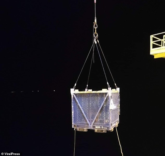 She stayed on the drilling platform for two nights while a special cage was welded together