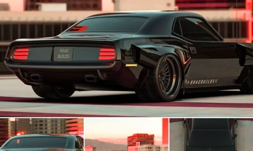 The Plymouth Barracuda is presented as a widebody Hemi muscle car with a sleek, all-black appearance.