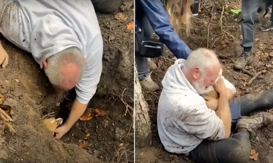 A Frantic Owner Cries After Finding His Dog Trapped In A Foxhole For 50 Hours