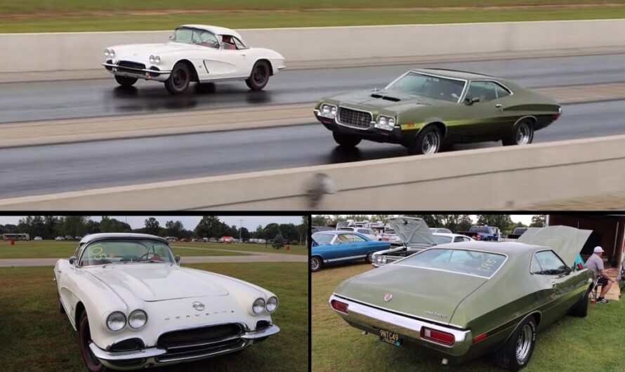 Classic Showdown: 1972 Ford Gran Torino Takes on 1962 Chevrolet Corvette in a Nail-Biting Race – Neck and Neck Action!